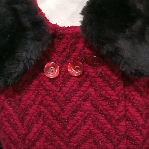 Vintage 1970's Michel Daniel red & black wool 3 button coat w faux fur size 8P - Picture 2 of 4